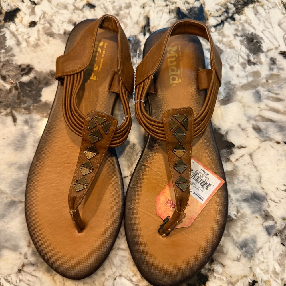 Mudd‎ Womens Bungee Strap Thong Sandals Cognac Brown Studded AMDE15105R Size 7-8